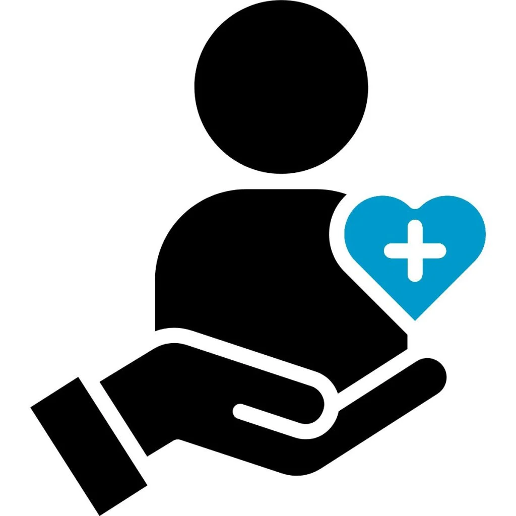 Icon of a hand holding a patient figure with a medical heart symbol, representing 100,000+ patients treated