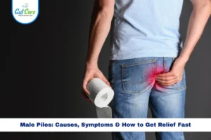Man experiencing discomfort from male piles, holding toilet paper with highlighted pain area, representing symptoms and need for relief.