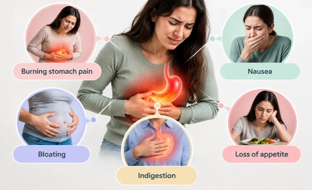 Common gastritis and stomach ulcer symptoms infographic
