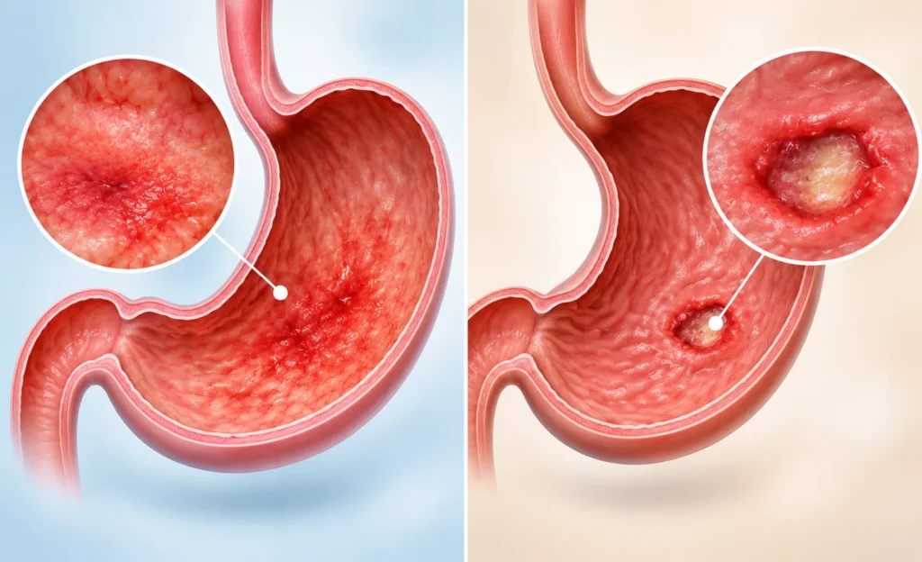 Gastritis vs ulcer comparison showing stomach lining inflammation and ulcer formation
